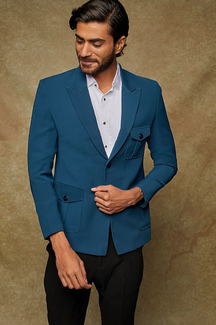 Teal Blue Twill Blazer Set by Abees at Pernia's Pop Up Shop