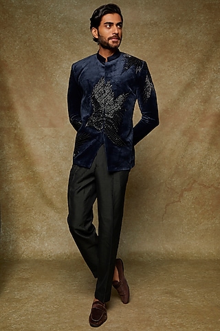 Royal Blue Velvet Embroidered Bandhgala Set by Abees