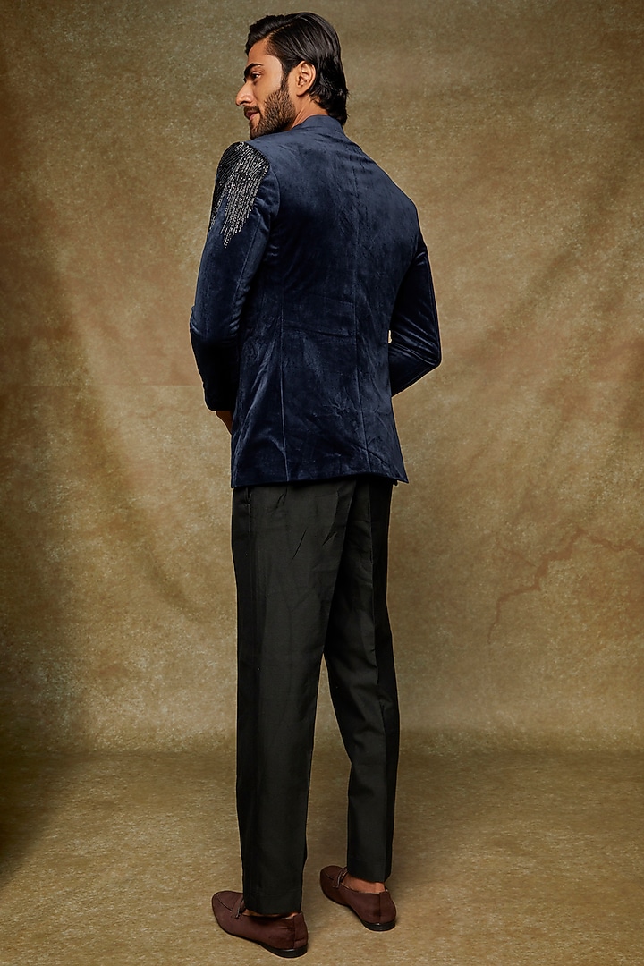 Royal Blue Velvet Embroidered Wedding Bandhgala Set by Abees at Pernia's Pop Up Shop