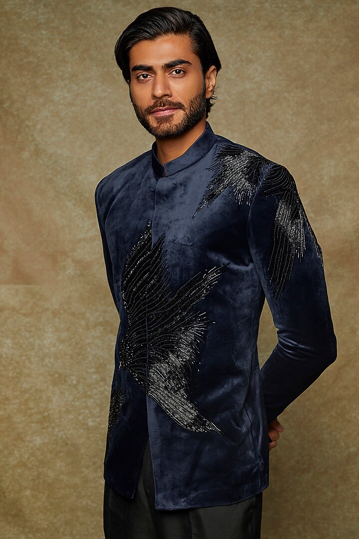 Royal Blue Velvet Embroidered Wedding Bandhgala Set by Abees at Pernia's Pop Up Shop