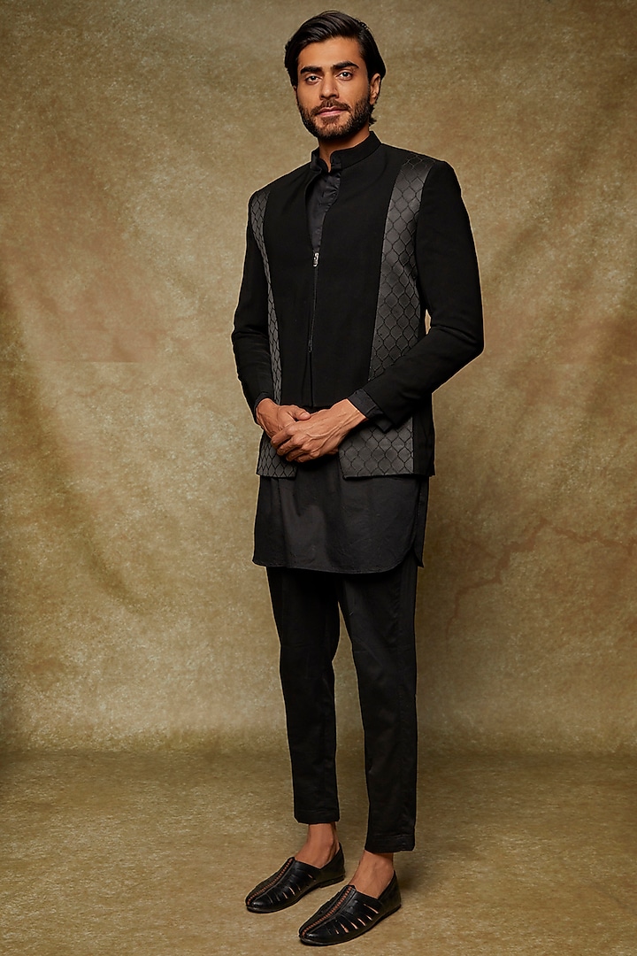 Black Twill Bandhgala Jacket With Kurta Set by Abees