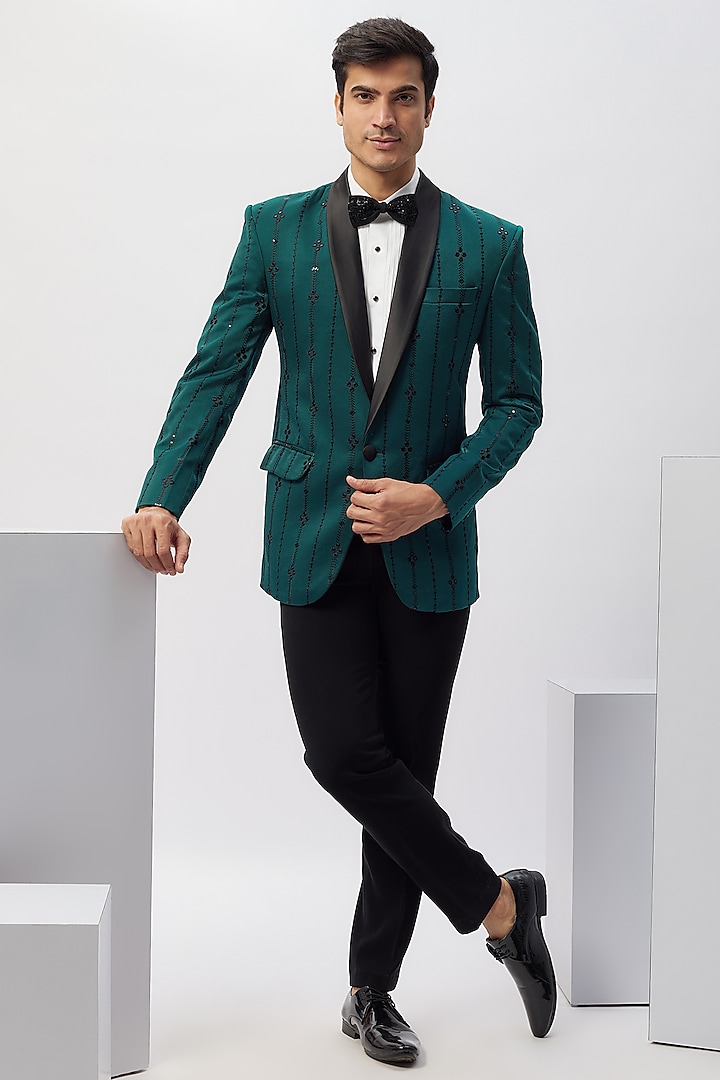 Teal Green Milan Machine Embroidered Tuxedo Set by Abees