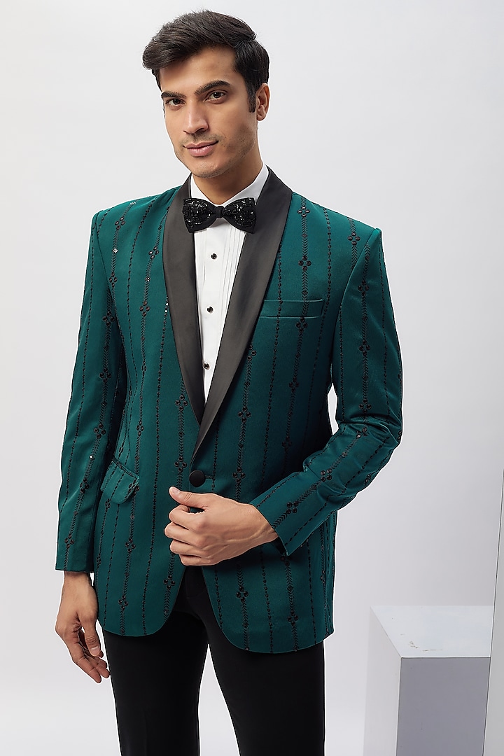 Teal Green Milan Machine Embroidered Tuxedo Set by Abees at Pernia's Pop Up Shop
