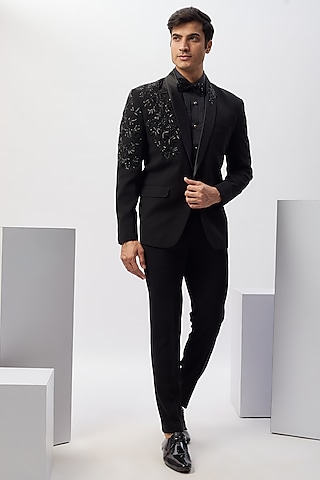 Black Japanese Rayon Hand Work Tuxedo Set by Abees