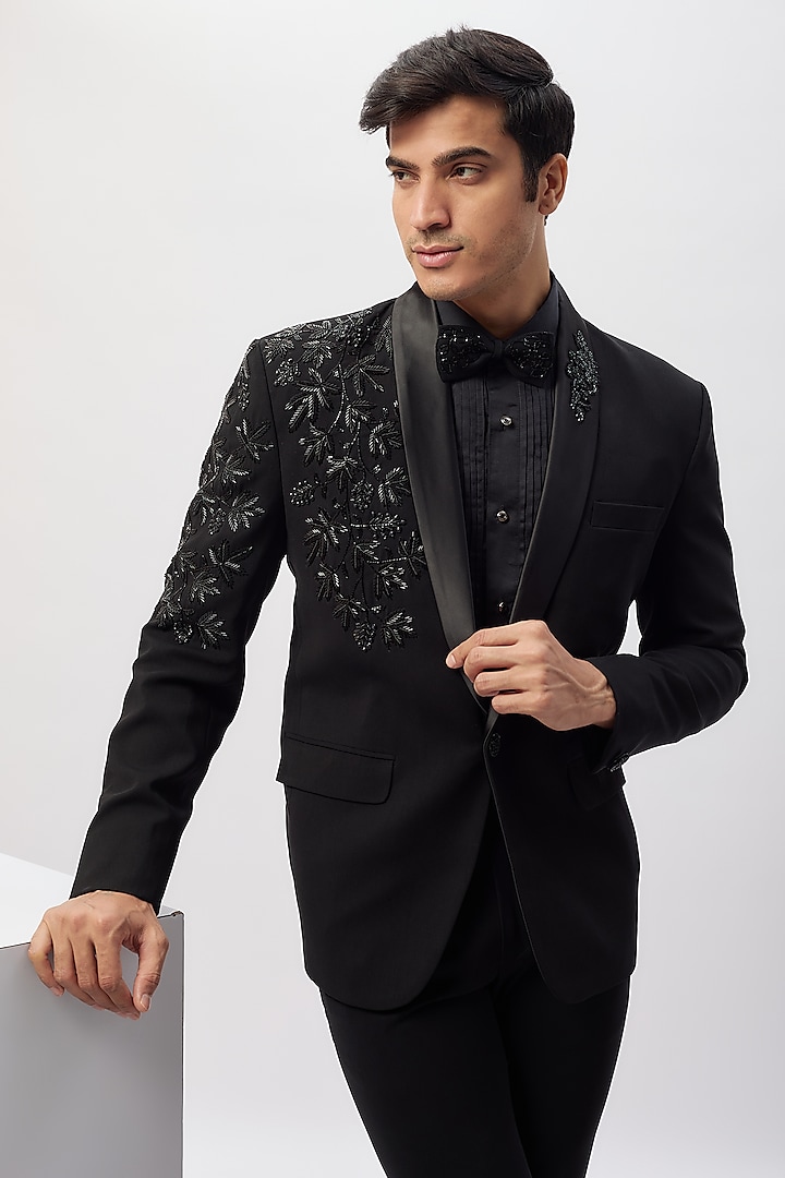 Black Japanese Rayon Hand Work Tuxedo Set by Abees at Pernia's Pop Up Shop