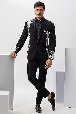 Black Japanese Rayon Hand Work Tuxedo Set by Abees