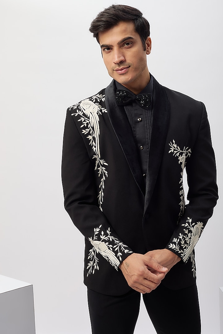 Black Japanese Rayon Hand Work Tuxedo Set by Abees at Pernia's Pop Up Shop