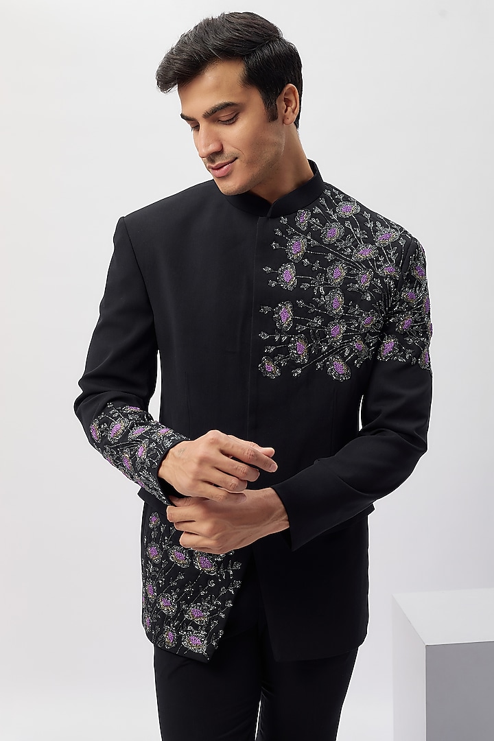 Navy Blue Japanese Rayon Resham Work Wedding Bandhgala Set by Abees at Pernia's Pop Up Shop