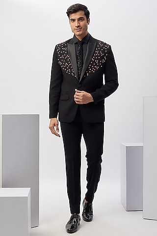 Black Japanese Rayon Hand Work Tuxedo Set by Abees