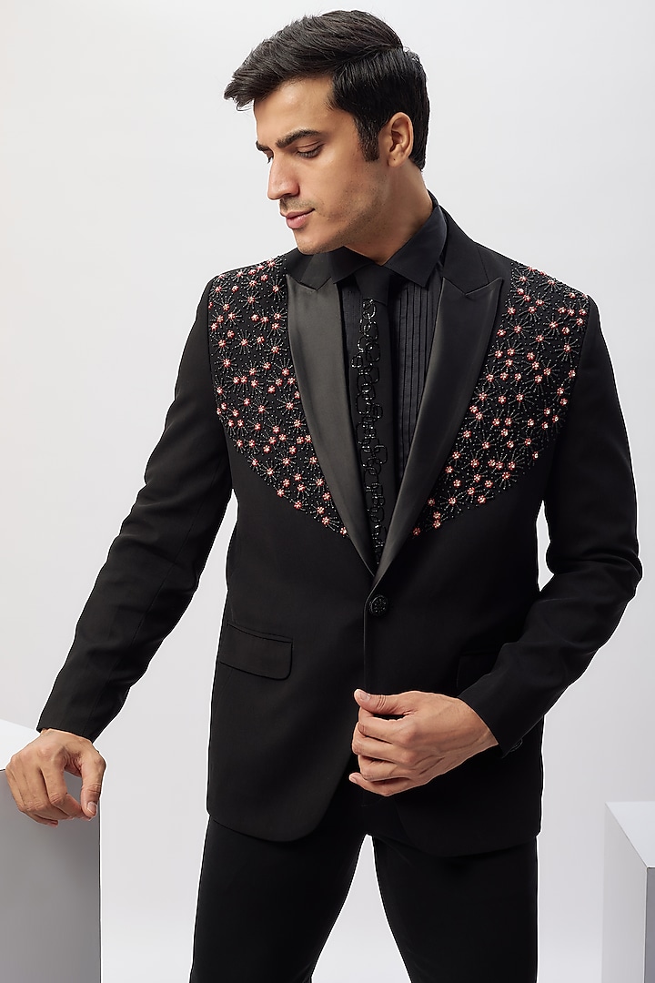 Black Japanese Rayon Hand Work Tuxedo Set by Abees at Pernia's Pop Up Shop
