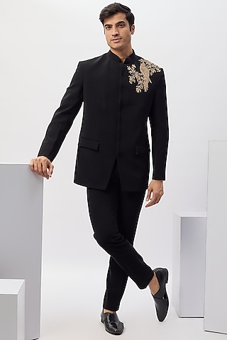 Black Japanese Rayon Hand Work Bandhgala Set by Abees