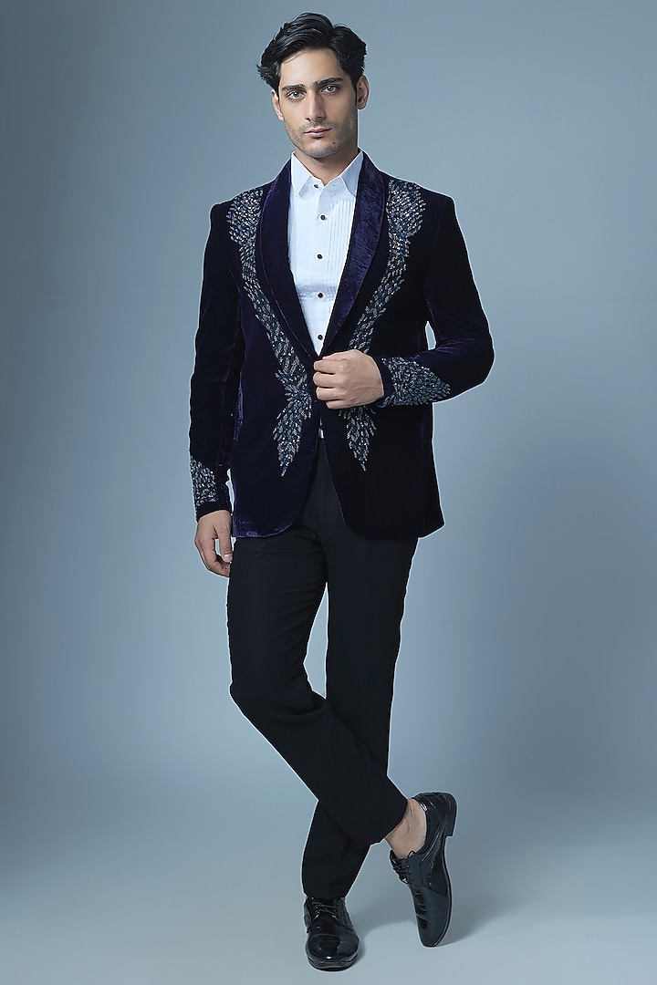 Royal Blue Cotton Velvet Handwork Tuxedo Set by Abees at Pernia's Pop Up Shop