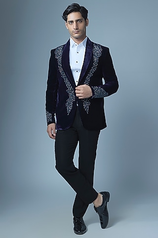 Royal Blue Cotton Velvet Handwork Tuxedo Set by Abees