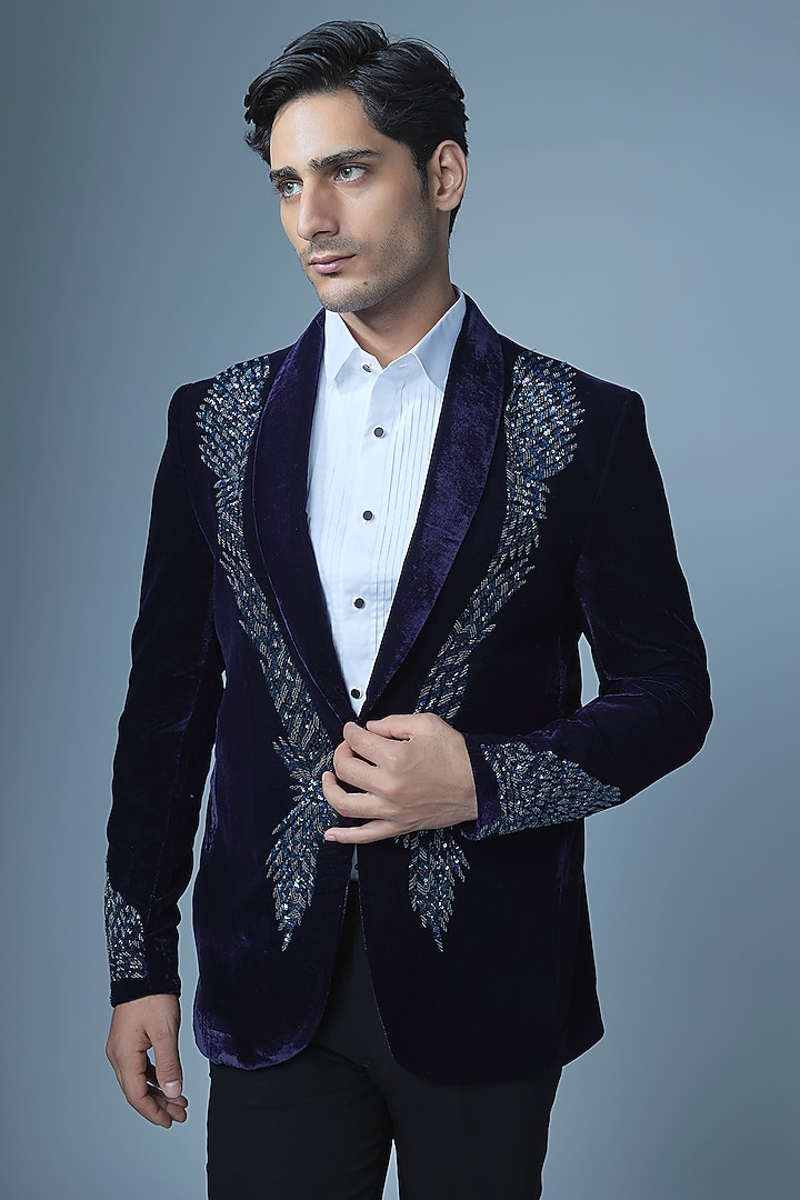 Royal Blue Cotton Velvet Handwork Tuxedo Set by Abees at Pernia's Pop Up Shop