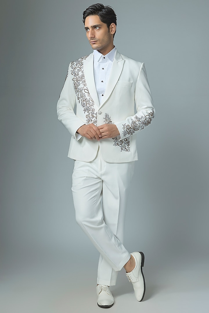 Off-White Japanese Rayon Cutdana Handwork Tuxedo Set by Abees at Pernia's Pop Up Shop