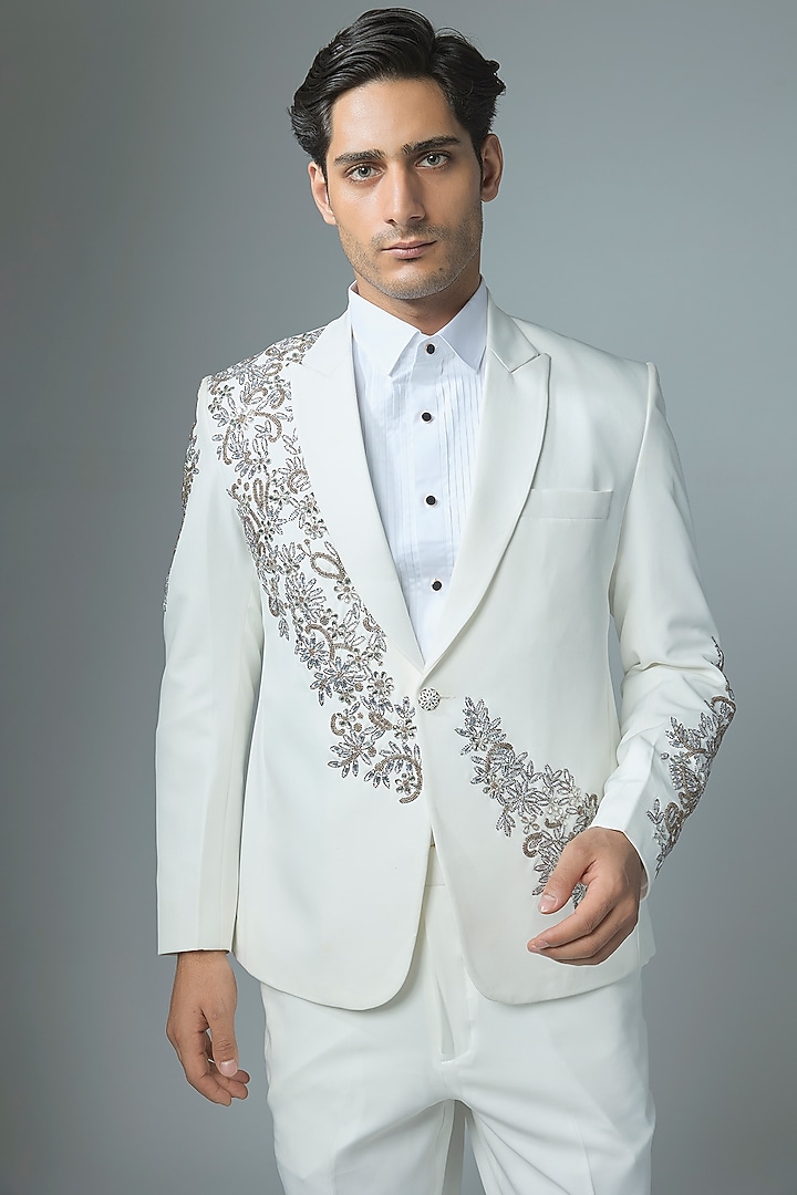 Off-White Japanese Rayon Cutdana Handwork Tuxedo Set by Abees at Pernia's Pop Up Shop