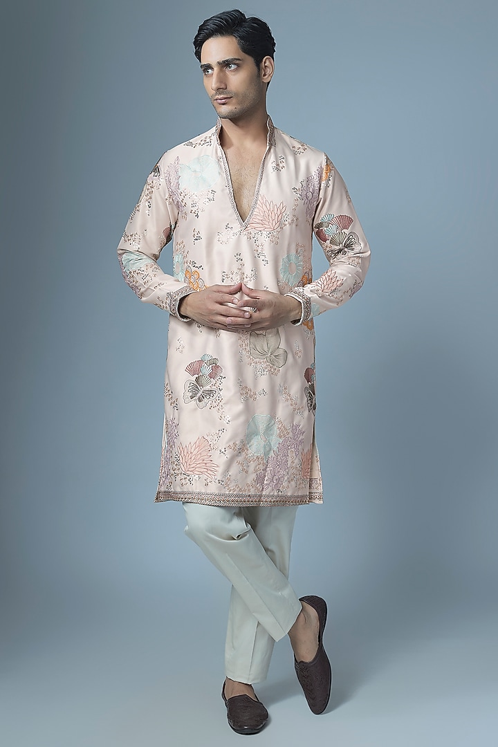 Grey Cotton Silk Floral Embroidered Kurta Set by Abees at Pernia's Pop Up Shop