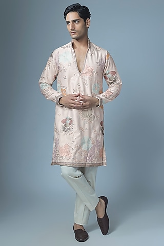 Grey Cotton Silk Floral Embroidered Kurta Set by Abees