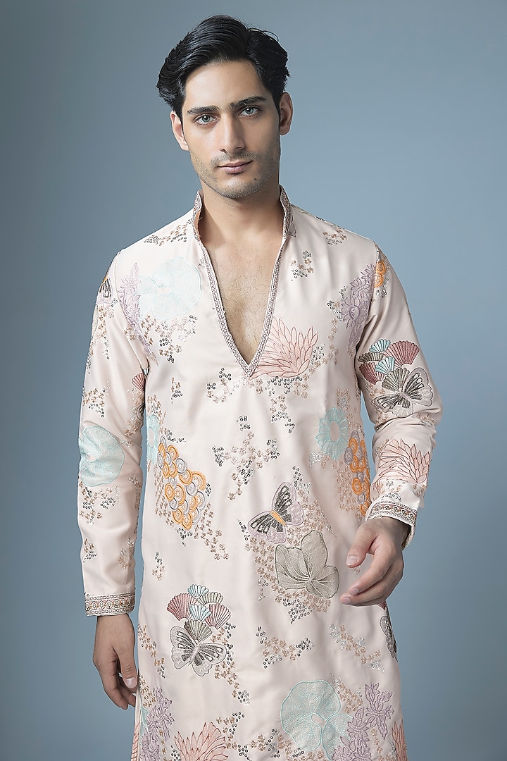 Grey Cotton Silk Floral Embroidered Kurta Set by Abees at Pernia's Pop Up Shop