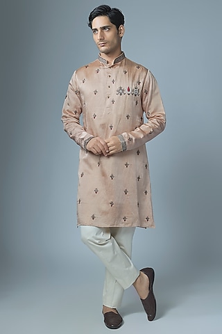 Faint Gold Linen Silk Handwork Kurta Set by Abees