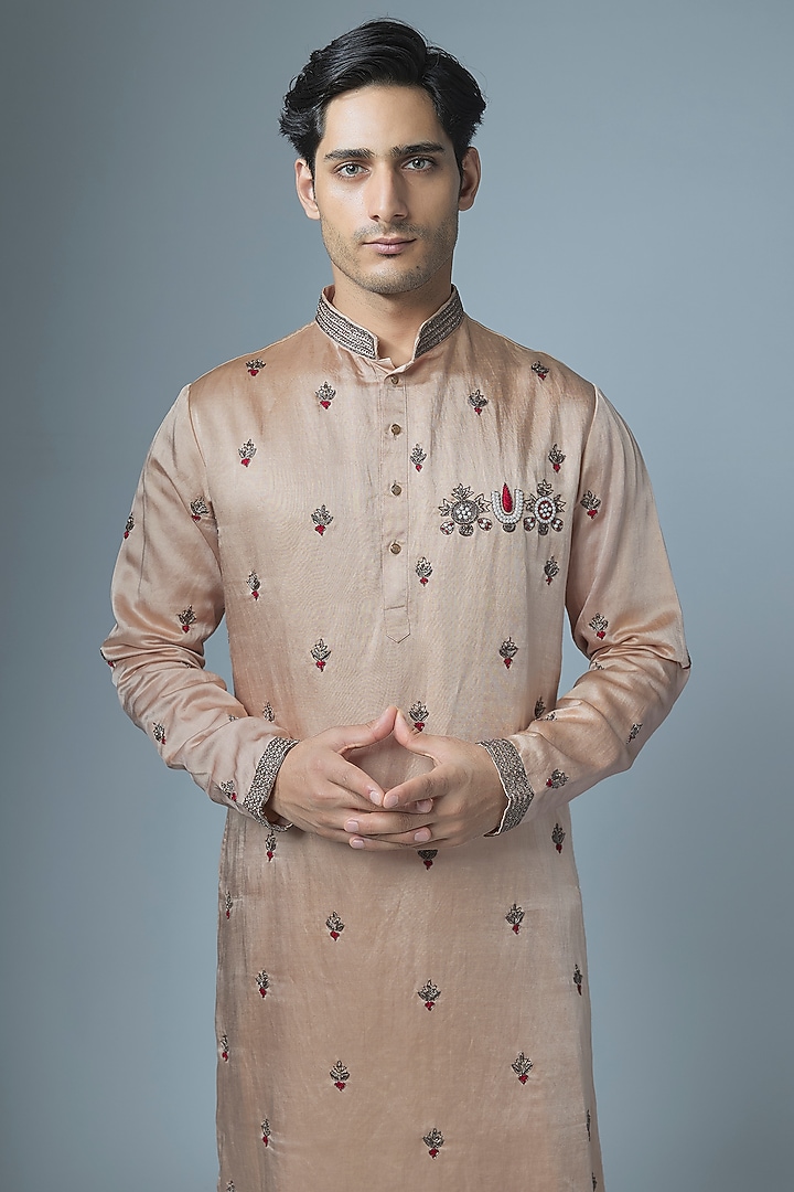 Faint Gold Linen Silk Handwork Kurta Set by Abees at Pernia's Pop Up Shop