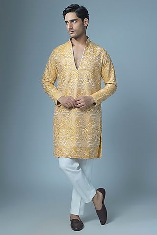 Mustard Cotton Silk Thread Embroidered Kurta Set by Abees