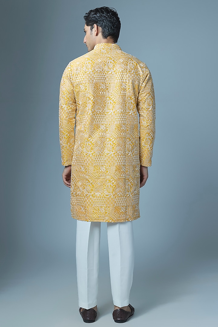 Mustard Cotton Silk Thread Embroidered Kurta Set by Abees at Pernia's Pop Up Shop