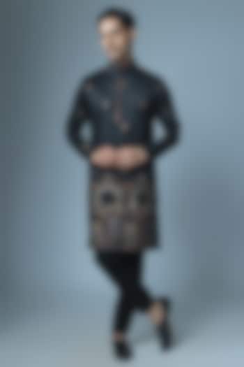 Black Cotton Silk Machine Embroidered Kurta Set by Abees at Pernia's Pop Up Shop