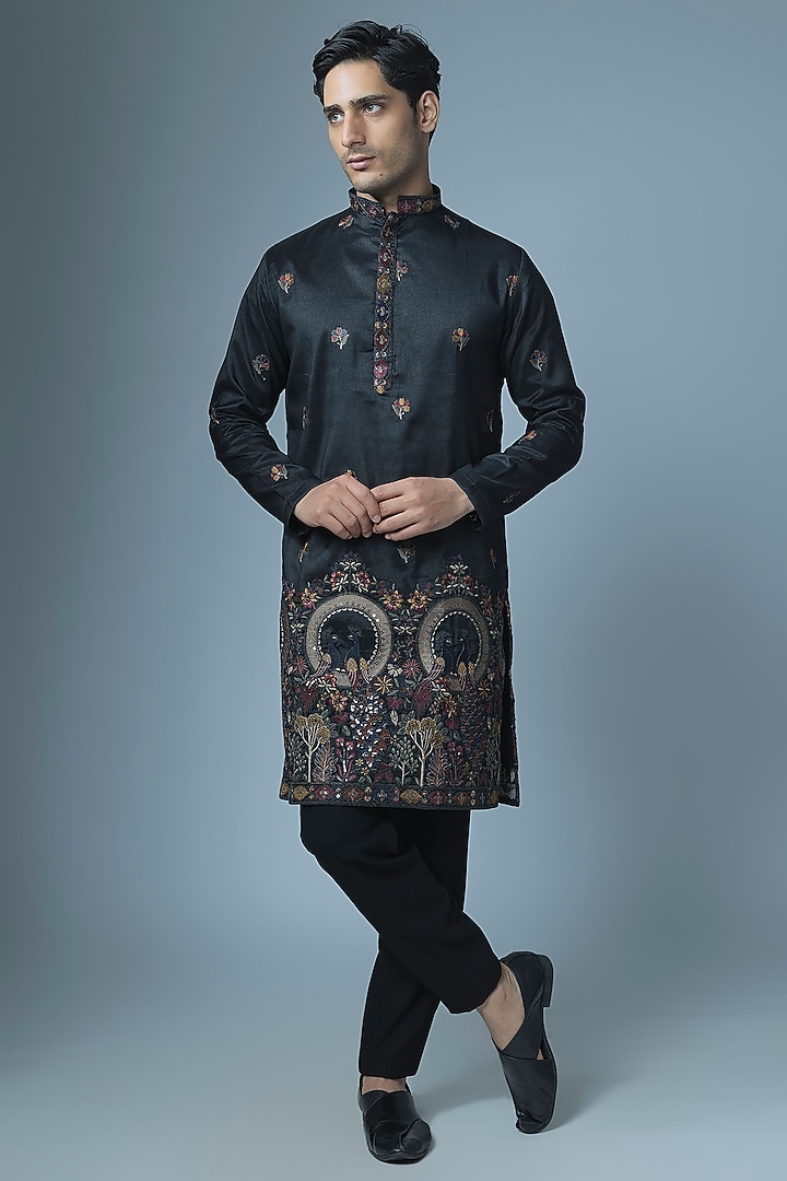 Black Cotton Silk Machine Embroidered Kurta Set by Abees at Pernia's Pop Up Shop