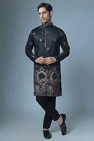 Black Cotton Silk Machine Embroidered Kurta Set by Abees
