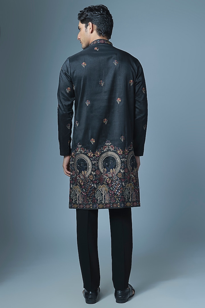 Black Cotton Silk Machine Embroidered Kurta Set by Abees at Pernia's Pop Up Shop