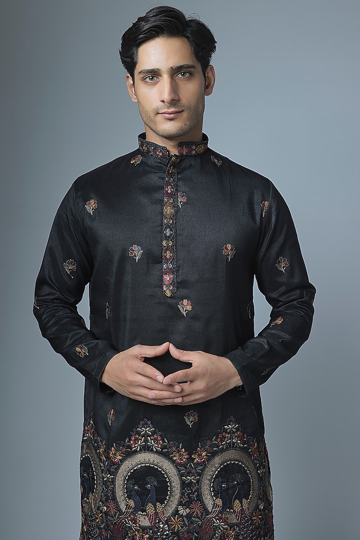 Black Cotton Silk Machine Embroidered Kurta Set by Abees at Pernia's Pop Up Shop