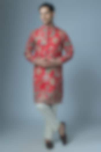 Red Cotton Silk Machine Embroidered Kurta Set by Abees at Pernia's Pop Up Shop