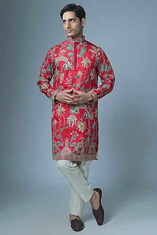Red Cotton Silk Machine Embroidered Kurta Set by Abees