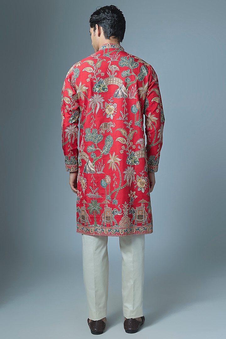 Red Cotton Silk Machine Embroidered Kurta Set by Abees at Pernia's Pop Up Shop