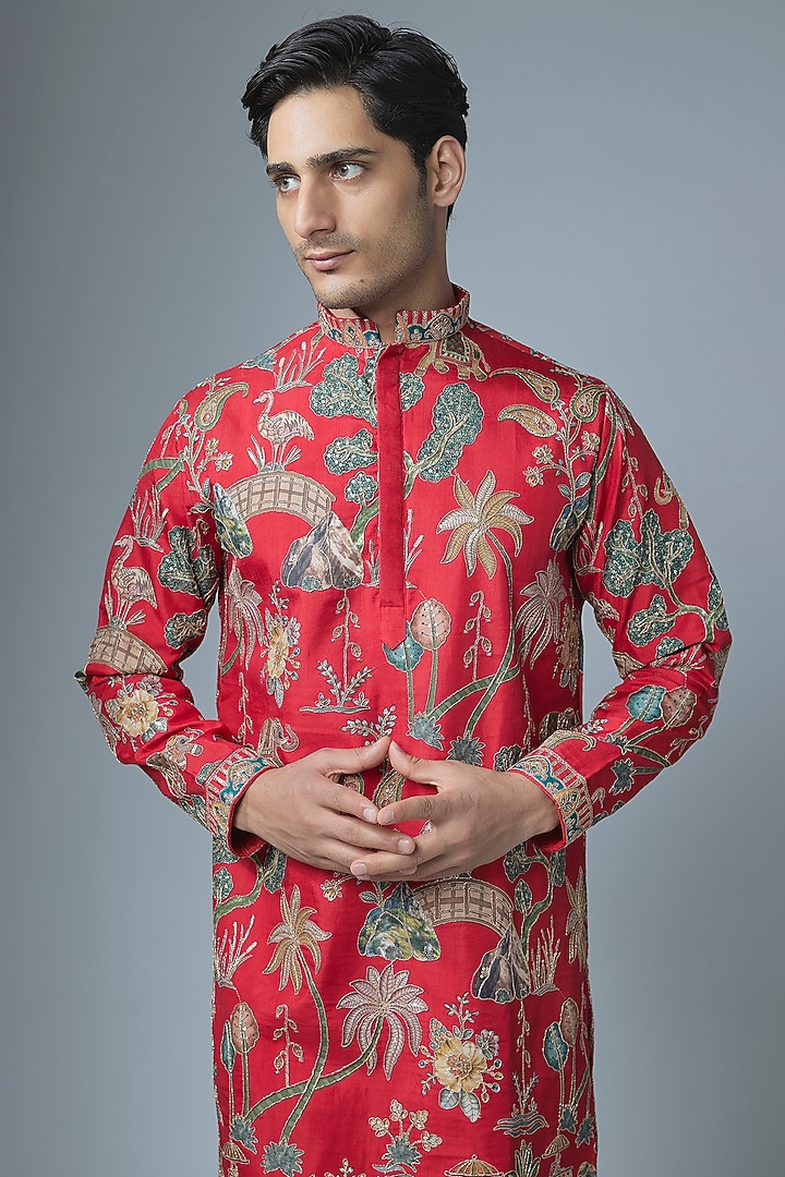 Red Cotton Silk Machine Embroidered Kurta Set by Abees at Pernia's Pop Up Shop