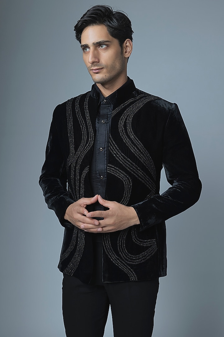 Black Cotton Velvet Cutdana Handwork Wedding Bandhgala Set by Abees at Pernia's Pop Up Shop