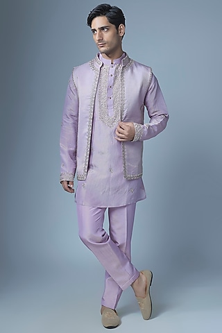 Lavender Tissue Silk Zardosi Handwork Kurta Set by Abees
