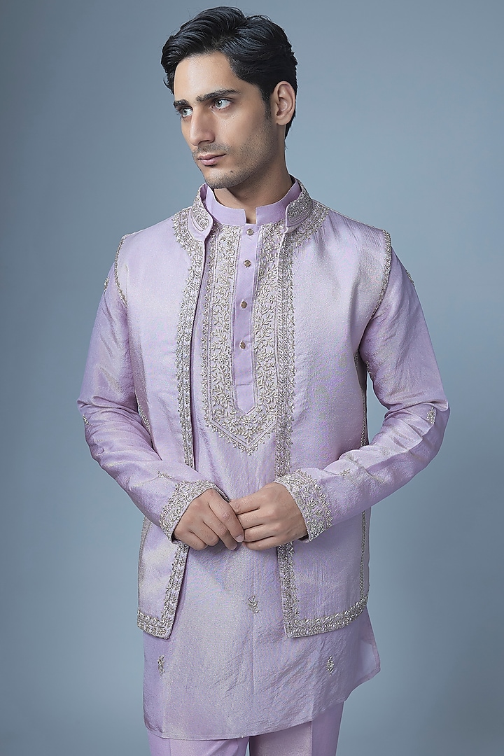 Lavender Tissue Silk Zardosi Handwork Kurta Set by Abees at Pernia's Pop Up Shop