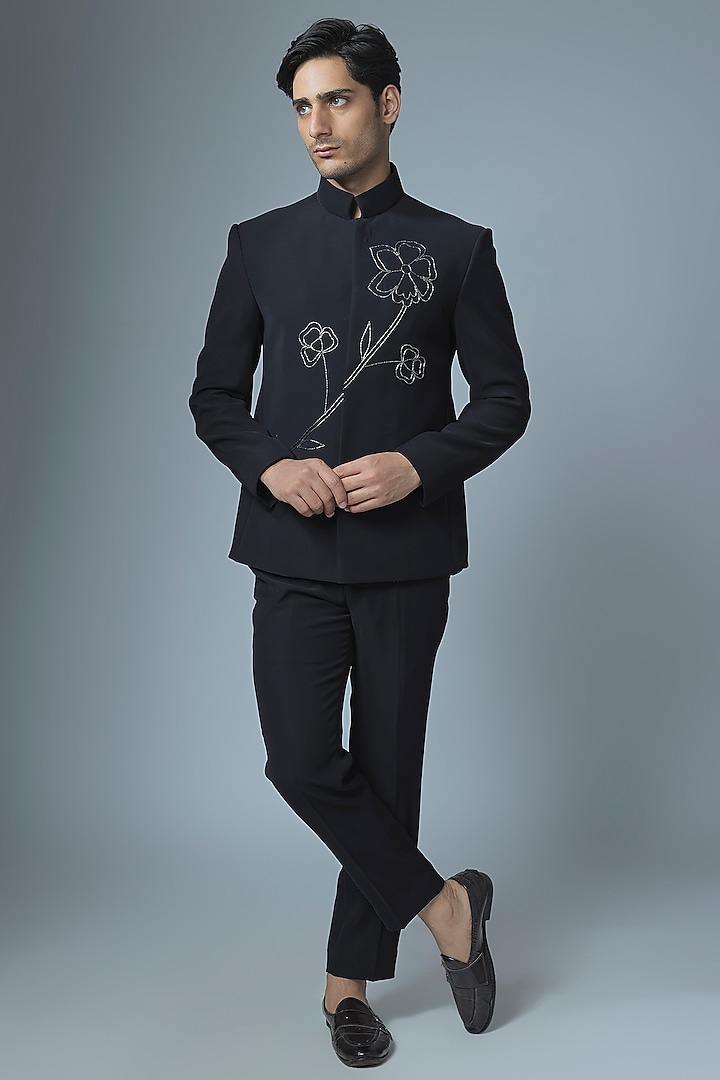 Navy Blue Japanese Rayon Cutdana Handwork Wedding Bandhgala Set by Abees at Pernia's Pop Up Shop