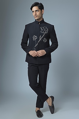 Navy Blue Japanese Rayon Cutdana Handwork Bandhgala Set by Abees