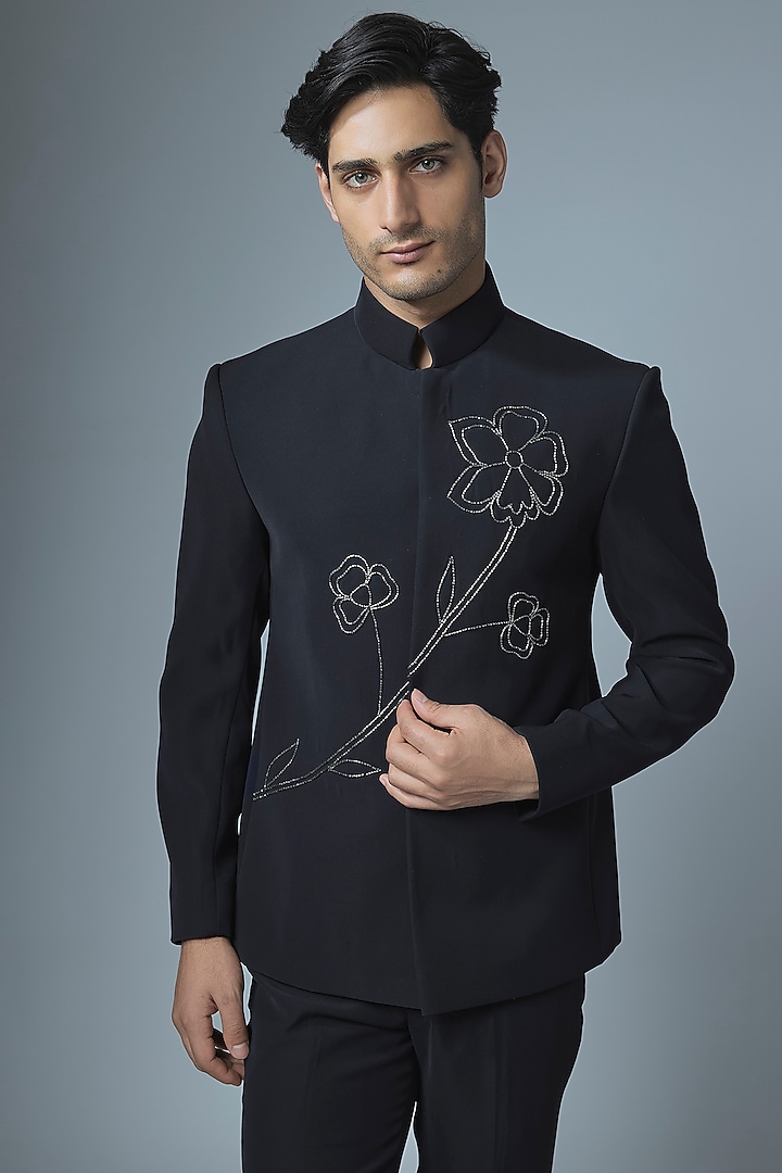 Navy Blue Japanese Rayon Cutdana Handwork Wedding Bandhgala Set by Abees at Pernia's Pop Up Shop