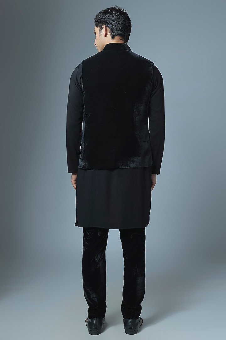 Black Cotton Velvet Bundi Jacket Set by Abees at Pernia's Pop Up Shop