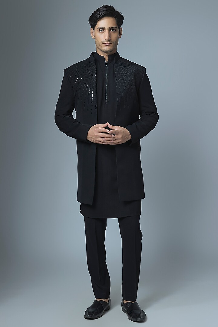 Black Japanese Rayon Handwork Wedding Indowestern Set by Abees at Pernia's Pop Up Shop