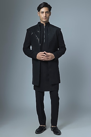Black Japanese Rayon Handwork Indowestern Set by Abees
