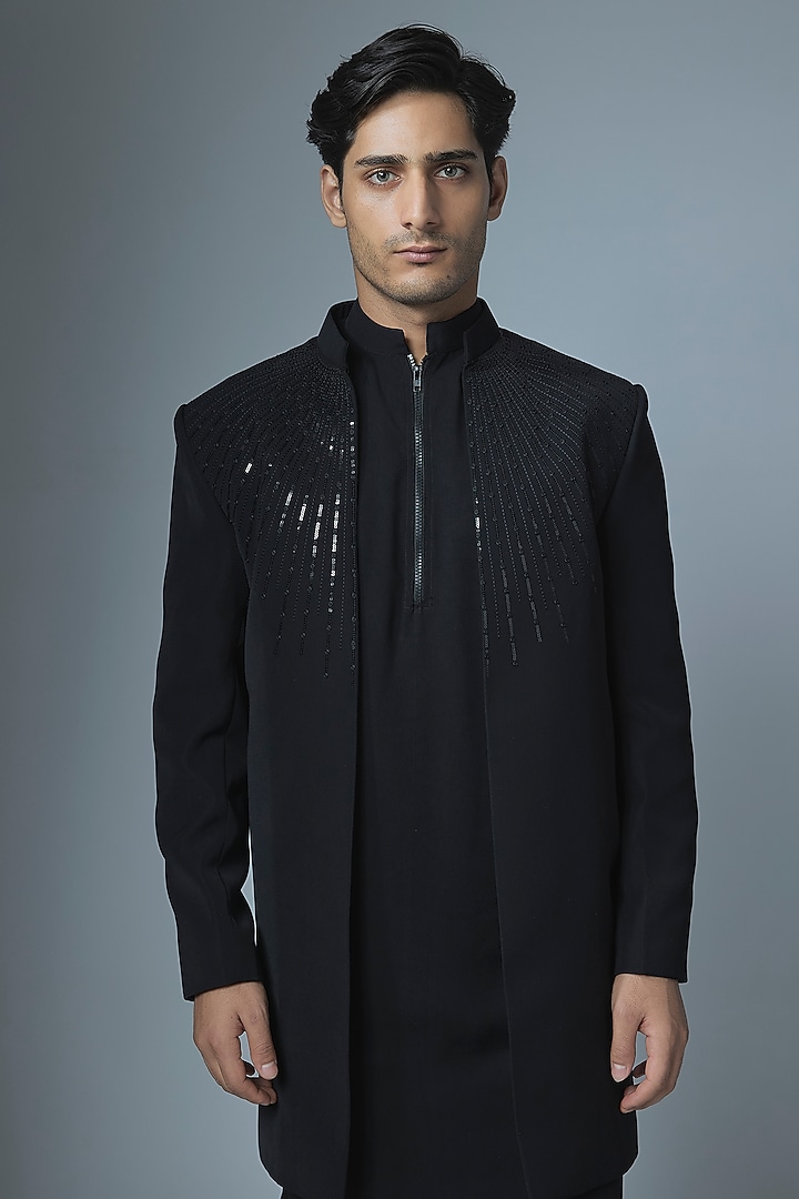 Black Japanese Rayon Handwork Wedding Indowestern Set by Abees at Pernia's Pop Up Shop