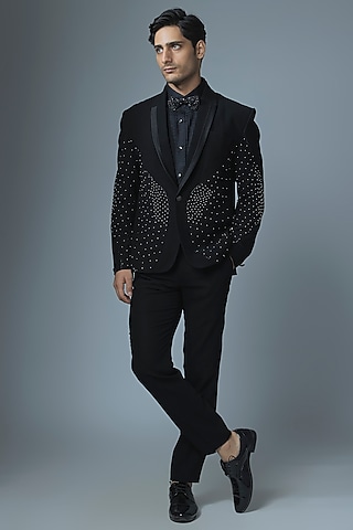 Black Japanese Rayon Sequin Handwork Tuxedo Set by Abees