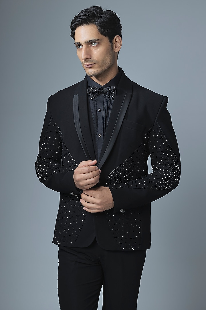 Black Japanese Rayon Sequin Handwork Tuxedo Set by Abees at Pernia's Pop Up Shop