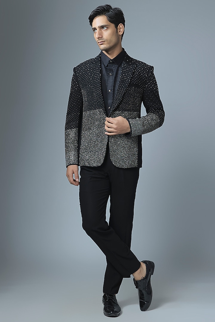 Black Japanese Rayon Cutdana Handwork Tuxedo Set by Abees at Pernia's Pop Up Shop