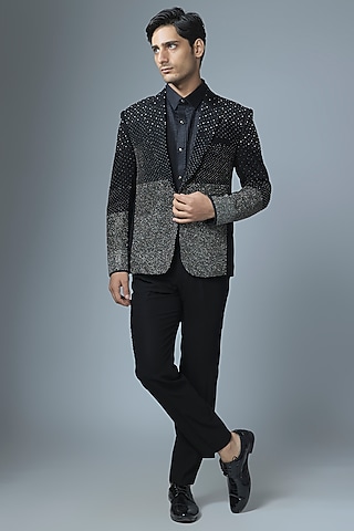 Black Japanese Rayon Cutdana Handwork Tuxedo Set by Abees